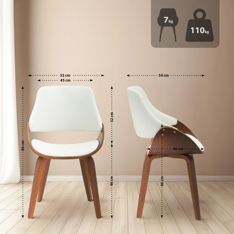 Lot de 2 chaises de salle à manger design scandinave en bois courbé noyer et similicuir blanc 10_0007714