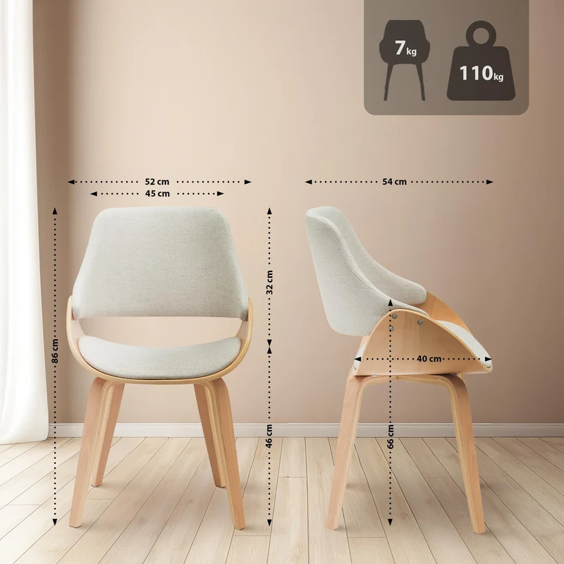 Lot de 2 chaises de salle à manger design scandinave en bois courbé clair et tissu crème 10_0007645