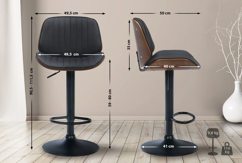 Tabouret de bar design moderne coutures verticales en bois noyer PVC noir et métal noir 10_0005296
