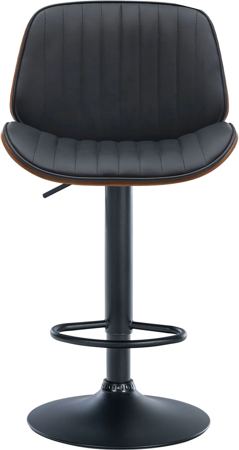 Tabouret de bar design moderne coutures verticales en bois noyer PVC noir et métal noir 10_0005296