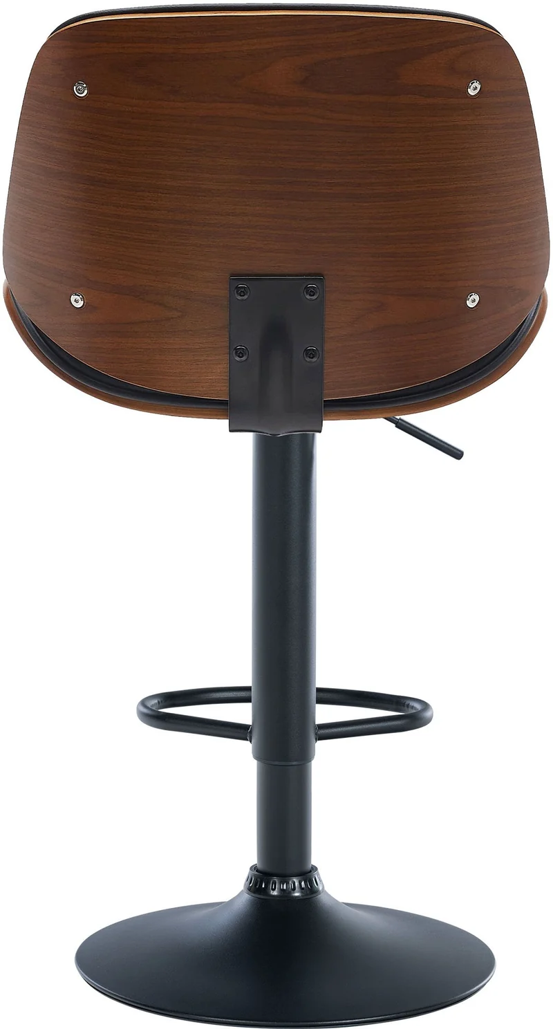 Tabouret de bar design moderne coutures verticales en bois noyer PVC noir et métal noir 10_0005296