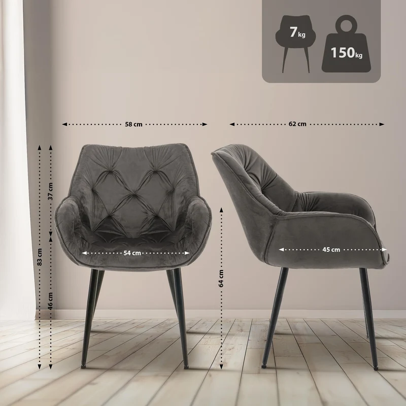 Lot de 2 chaises de salle à manger coutures décoratives en velours anthracite et pieds en métal noir 10_0007462