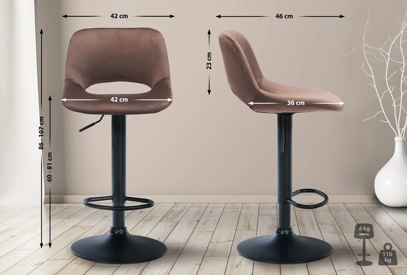 Tabouret de bar chaise haute x1 avec repose-pieds en velours marron piètement métallique noir 10_0004601