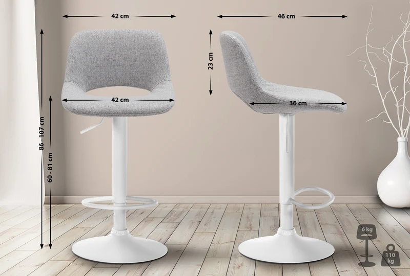 Tabourets de bar chaises haute x2 avec repose-pieds en tissu gris clair piètement métallique blanc 10_0004100