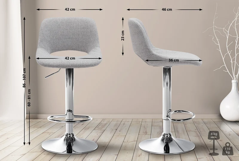 Tabourets de bar chaises haute x2 avec repose-pieds en tissu gris clair piètement métallique chromé 10_0004094