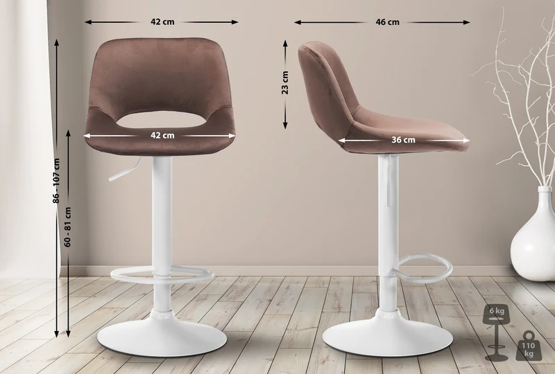 Tabourets de bar chaises haute x2 avec repose-pieds en velours marron piètement métallique blanc 10_0004090