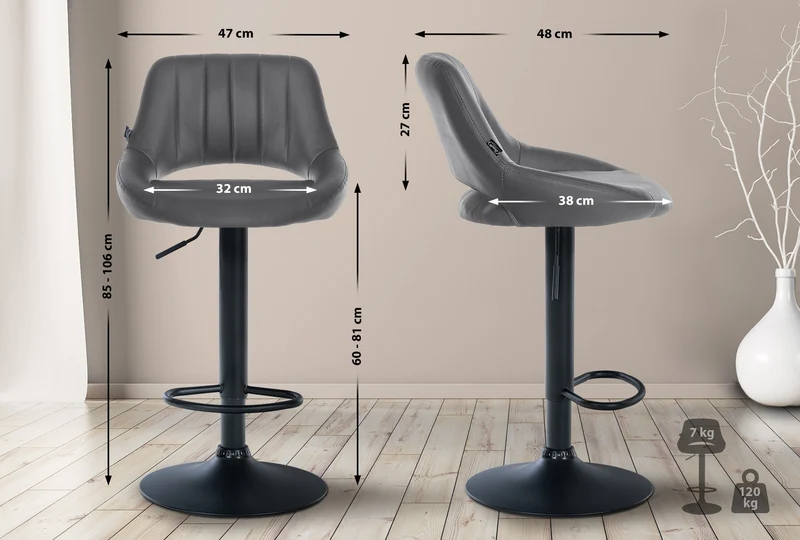 Tabouret de bar x1 avec repose-pieds pivotant et réglable en similicuir gris et métal noir 10_0006329