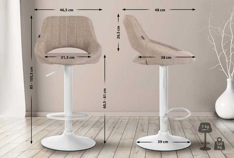 Tabouret de bar x1 réglable en hauteur en tissu taupe dossier ajouré et pied métal blanc 10_0005724
