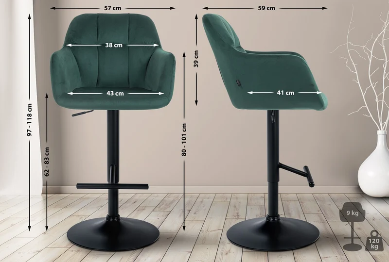 Tabouret de bar chaise haute x1 fonction rotation 360° en velours vert avec coutures décoratives piètement métal noir 10_0005270