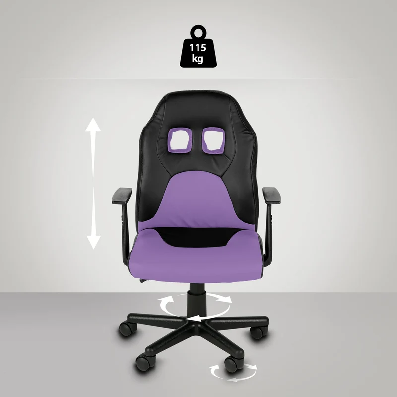 Chaise de bureau sur roulettes pivotant pour enfants en PVC noir / violet et plastique 10_0002726