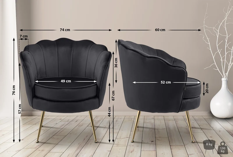 Fauteuil lounge chaise de chaise rembourrée avec coutures décoratives revêtement en velours noir et pieds métal doré FAL101558