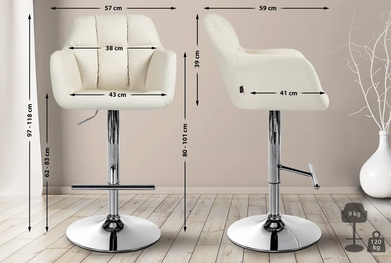 Tabouret de bar chaise haute x1 fonction rotation 360° en PVC crème avec coutures décoratives piètement métal chromé 10_0005255