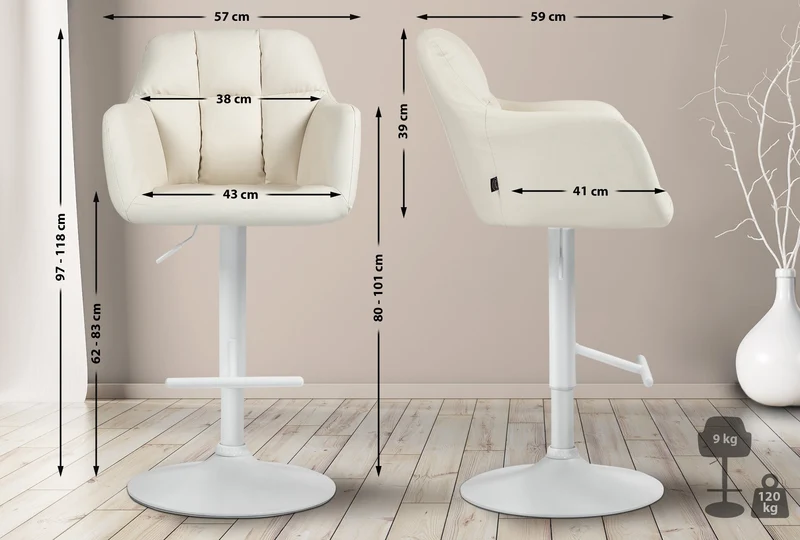Tabouret de bar chaise haute x1 fonction rotation 360° en similicuir crème avec coutures décoratives piètement métal blanc 10_0006676