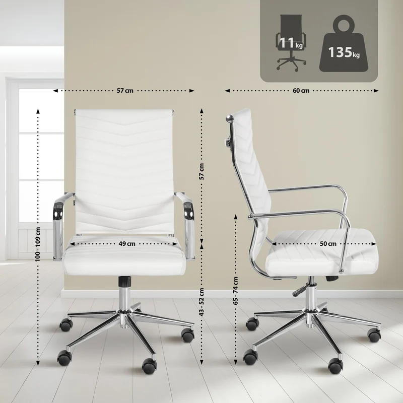 Fauteuil de bureau design ergonomique inclinaison intégrée avec accoudoirs en similicuir blanc et métal chromé 10_0007073