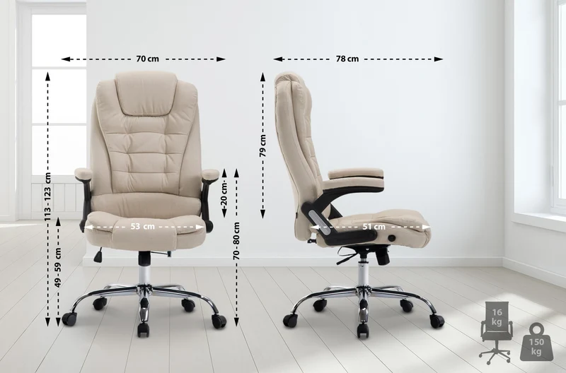 Fauteuil de bureau XXL sur roulettes confortablement rembourrés avec accoudoirs en tissu crème et métal chromé 10_0002663