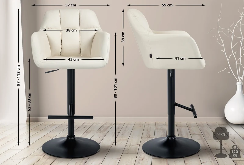 Tabouret de bar chaise haute x1 fonction rotation 360° en PVC crème avec coutures décoratives piètement métal noir 10_0005260