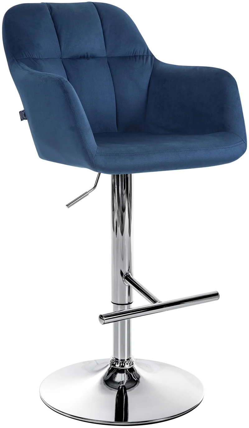 Tabouret de bar chaise haute x1 fonction rotation 360° en velours bleu avec coutures décoratives piètement métal chromé 10_0005265