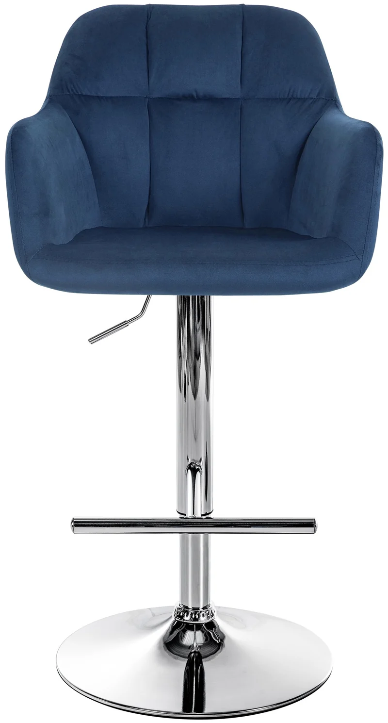 Tabouret de bar chaise haute x1 fonction rotation 360° en velours bleu avec coutures décoratives piètement métal chromé 10_0005265