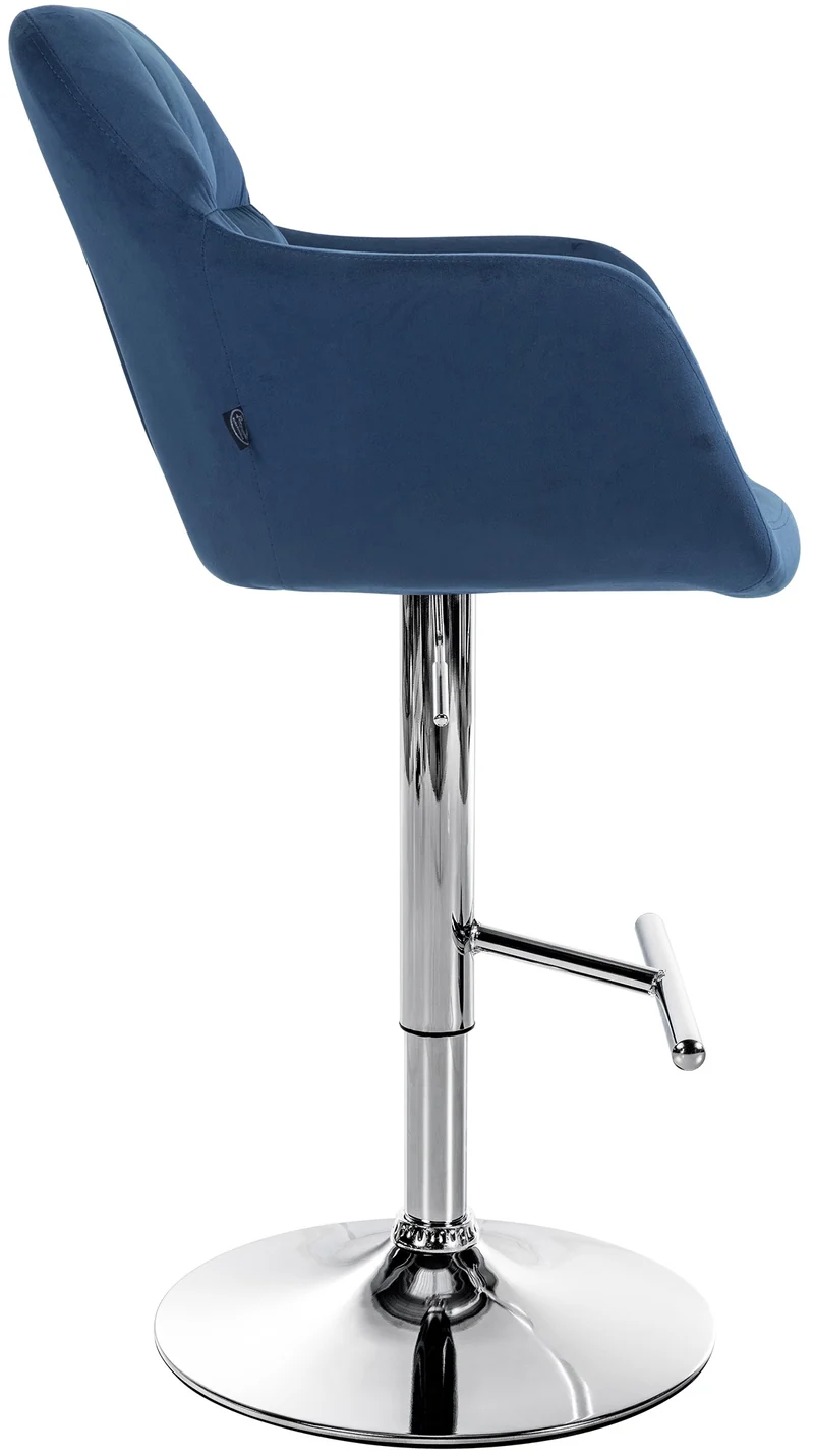Tabouret de bar chaise haute x1 fonction rotation 360° en velours bleu avec coutures décoratives piètement métal chromé 10_0005265