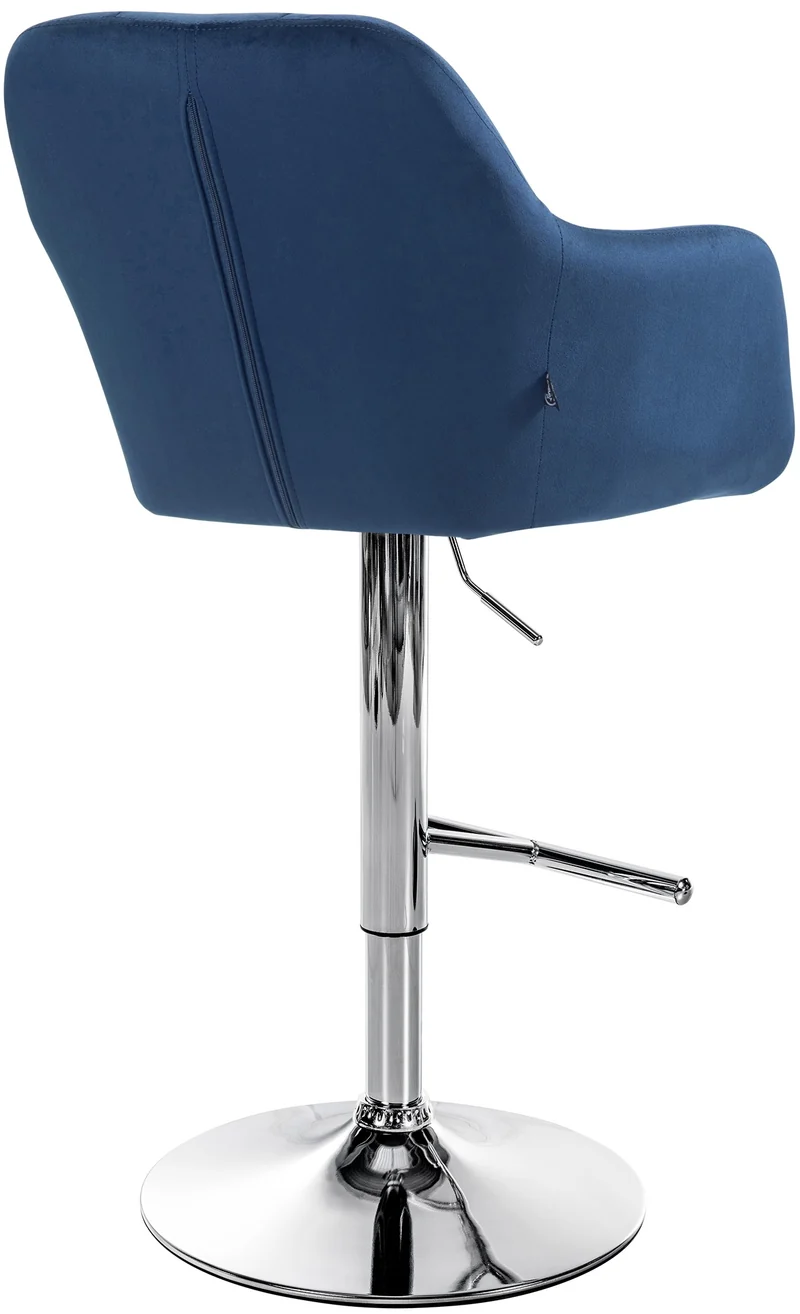 Tabouret de bar chaise haute x1 fonction rotation 360° en velours bleu avec coutures décoratives piètement métal chromé 10_0005265