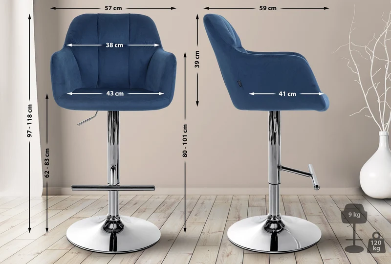Tabouret de bar chaise haute x1 fonction rotation 360° en velours bleu avec coutures décoratives piètement métal chromé 10_0005265