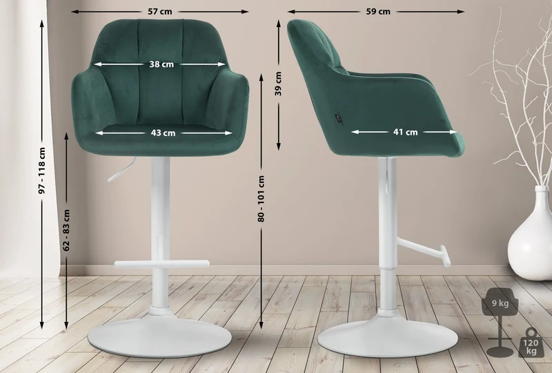Tabouret de bar chaise haute x1 fonction rotation 360° en velours vert avec coutures décoratives piètement métal blanc 10_0006863