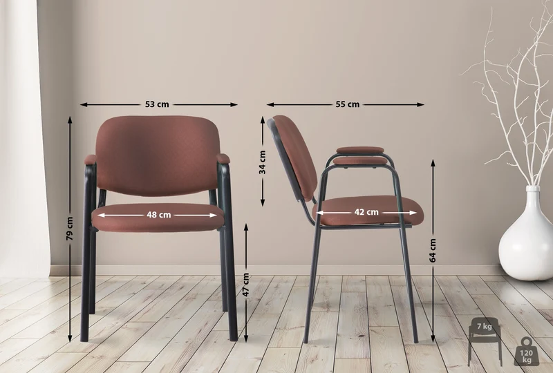 Chaise visiteur avec accoudoirs intégrés zone d'attente en tissu marron piètement à 4 pieds en métal noir 10_0003386
