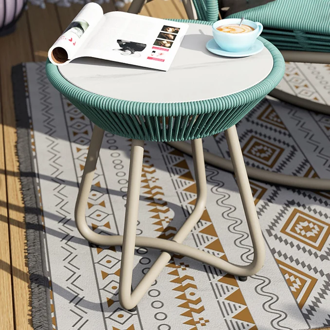 Contemporary Boho Round Sintered Stone Aluminum Alloy PE Rattan Weaving End Table For Balcony