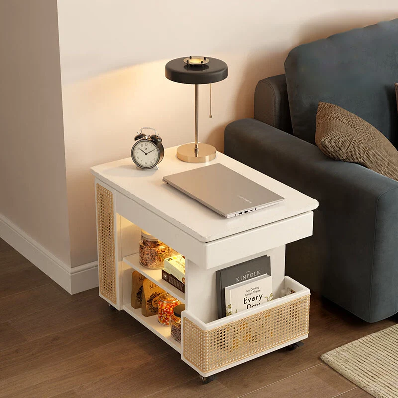 Modern Mid-Century Rubber Wood Metal PE Rectangular End Table 3-Tier & Wheels For Living Room