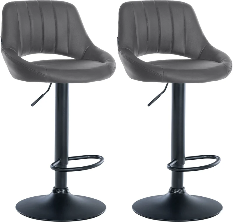 Lot de 2 tabourets de bar réglables en similicuir gris dossier ajouré et pied métal noir 10_0006666