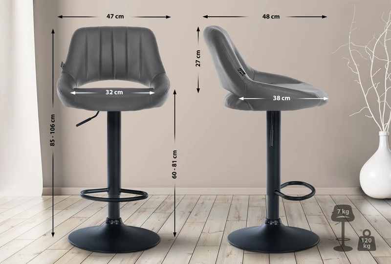 Lot de 2 tabourets de bar réglables en similicuir gris dossier ajouré et pied métal noir 10_0006666