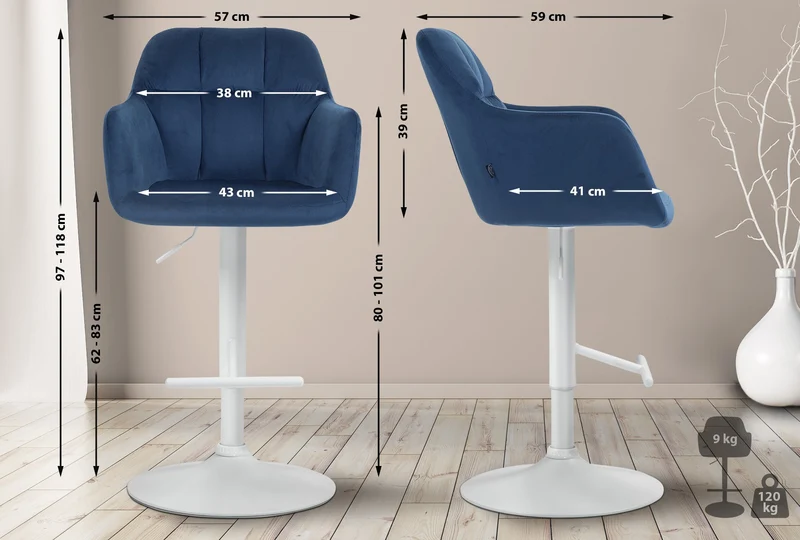 Tabouret de bar chaise haute x1 fonction rotation 360° en velours bleu avec coutures décoratives piètement métal blanc 10_0006549