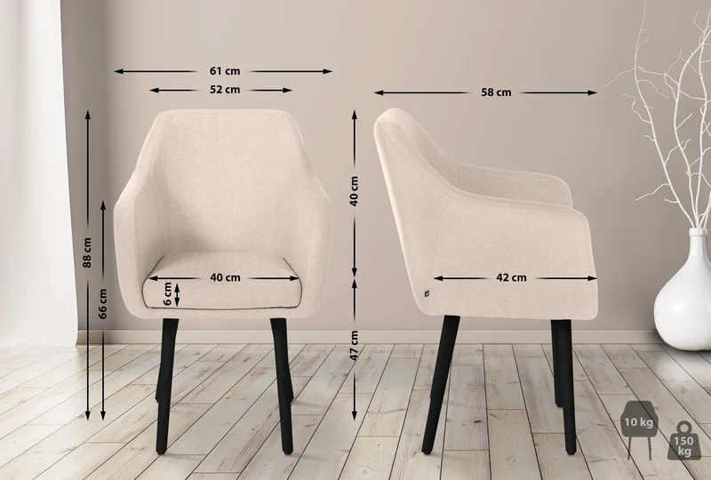 Chaise visiteur en tissu beige avec dossier enveloppant et accoudoirs – Piètement bois foncé 4 pieds 10_0008512