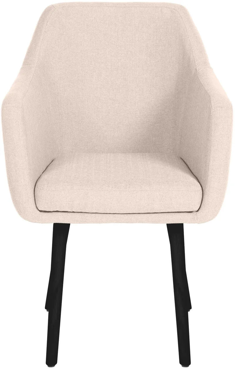 Chaise visiteur en tissu beige avec dossier enveloppant et accoudoirs – Piètement bois foncé 4 pieds 10_0008512