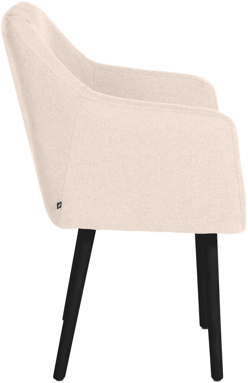 Chaise visiteur en tissu beige avec dossier enveloppant et accoudoirs – Piètement bois foncé 4 pieds 10_0008512