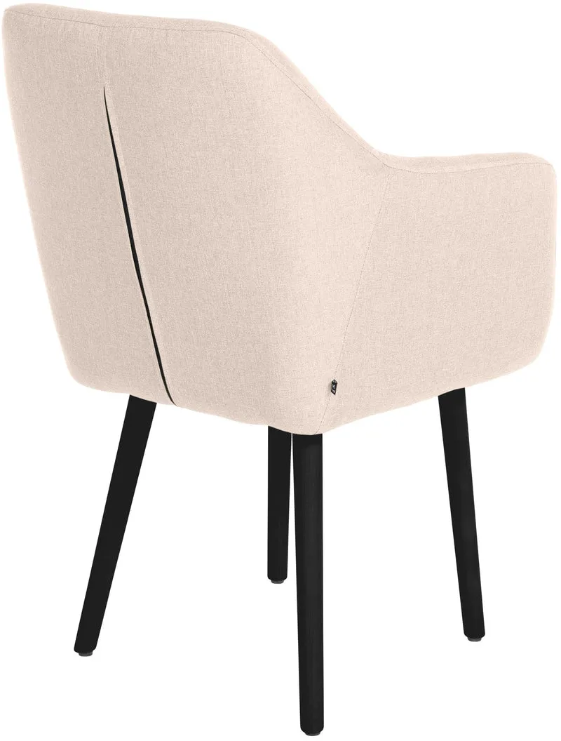 Chaise visiteur en tissu beige avec dossier enveloppant et accoudoirs – Piètement bois foncé 4 pieds 10_0008512