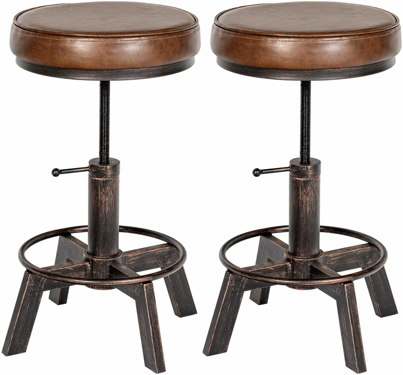 Lot de 2 tabourets industriels réglables en hauteur – Assise rembourrée en similicuir marron structure métal couleur bronze 10_0008492