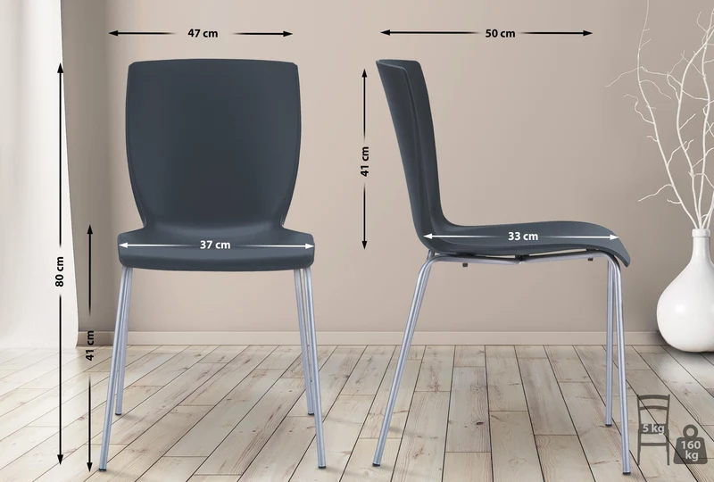 Lot de 2 chaises de cuisine ou véranda empilable pour intérieur ou extérieur assise en plastique noir cadre en aluminium 10_0008042