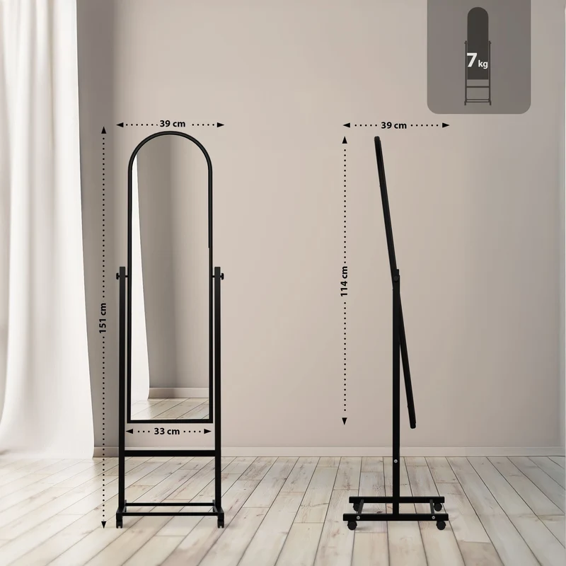 Miroir sur pied pleine longueur pivotant – Cadre métal noir – Avec roulettes 10_0008638