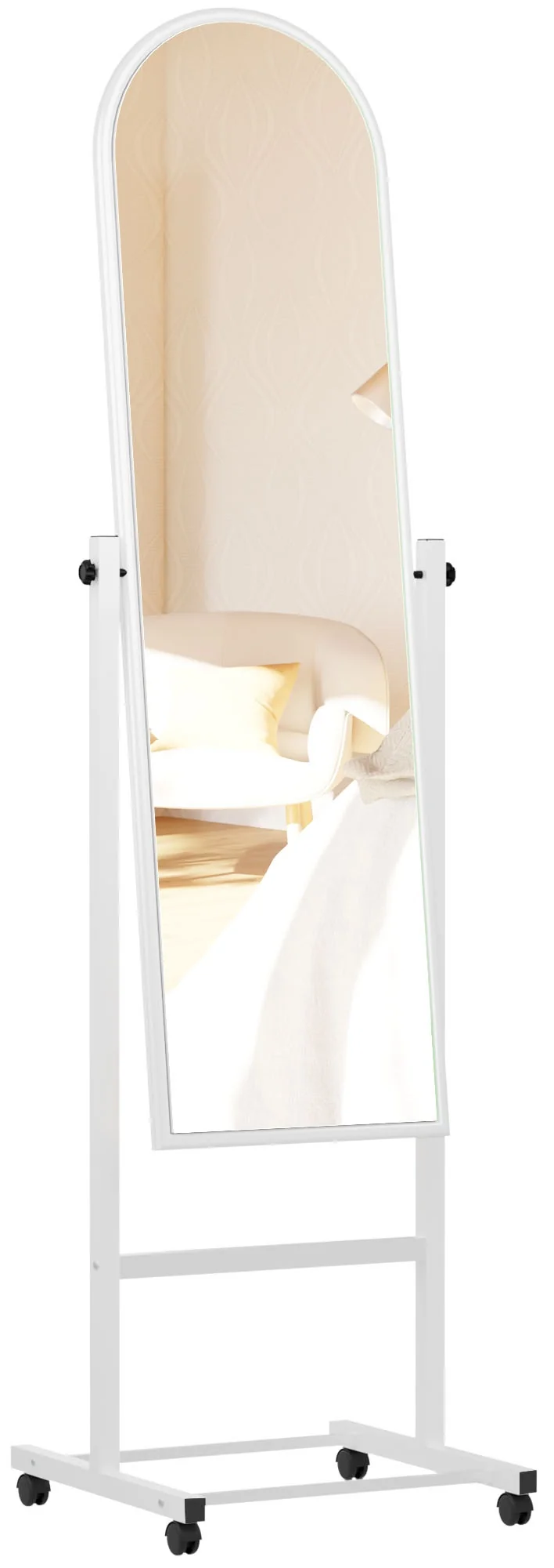 Miroir sur pied pleine longueur pivotant – Cadre métal blanc – Avec roulettes 10_0008381