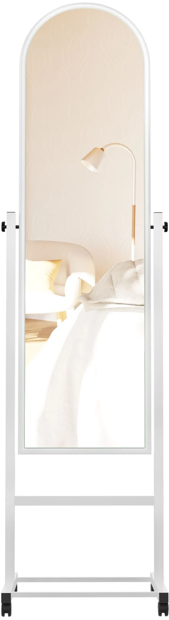 Miroir sur pied pleine longueur pivotant – Cadre métal blanc – Avec roulettes 10_0008381