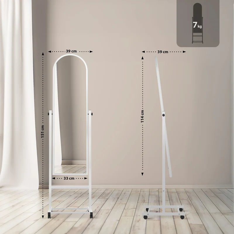 Miroir sur pied pleine longueur pivotant – Cadre métal blanc – Avec roulettes 10_0008381