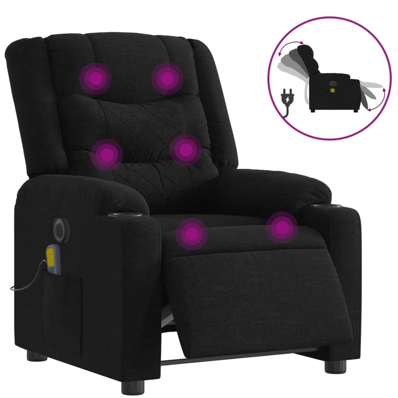 Fauteuil de relaxation TV fonction massage inclinable électrique 6 points de massage en tissu noir DEC027226