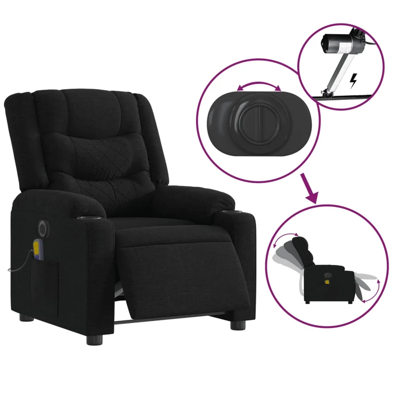 Fauteuil de relaxation TV fonction massage inclinable électrique 6 points de massage en tissu noir DEC027226