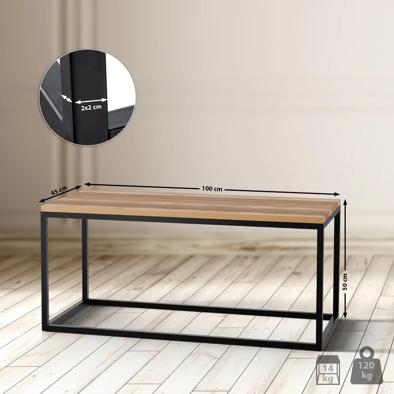 Table basse minimaliste au design épuré 100x45x50 cm plateau en chêne massif cadre en métal thermolaqué noir 10_0009162