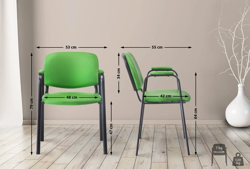 Chaise visiteur avec accoudoirs intégrés zone d'attente en PVC vert piètement à 4 pieds en métal noir 10_0008644
