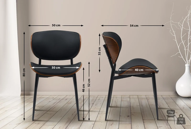 Chaise de salle à manger x1 design en similicuir noir avec coque bois noyer structure métal robuste 10_0008516