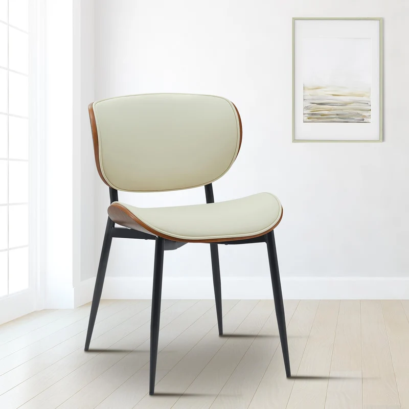 Chaise de salle à manger x1 design en similicuir crème avec coque bois noyer structure métal robuste 10_0008299