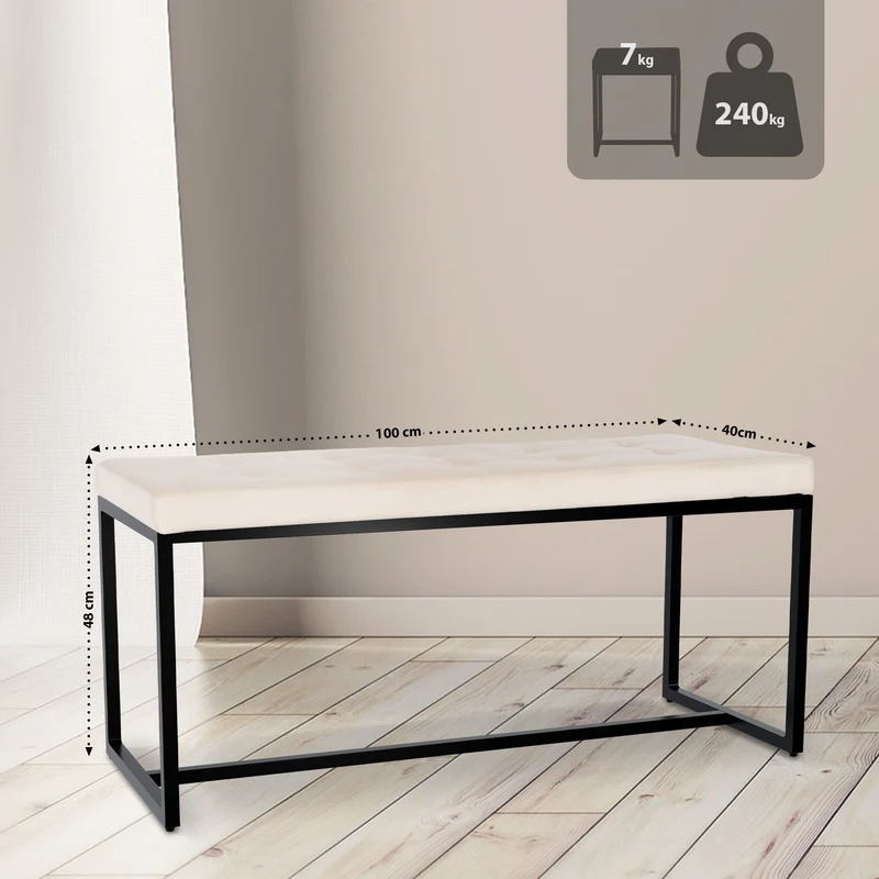 Banc rembourré 100 cm design avec assise matelassée en velours crème et structure métal noir 10_0008554