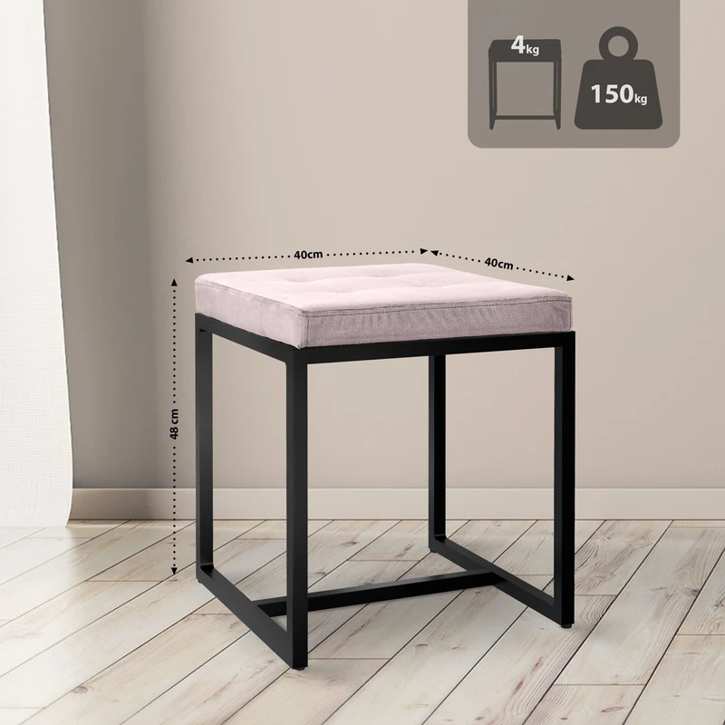 Tabouret rembourré design avec assise matelassée en velours gris clair et structure métal noir 10_0008421